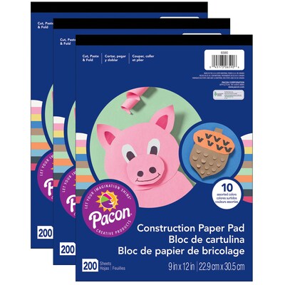Pacon Art Street 9" x 12"Lightweight Construction Paper Pad, Assorted Colors, 200 Sheets/Pack, 3 Packs (PAC6590-3)