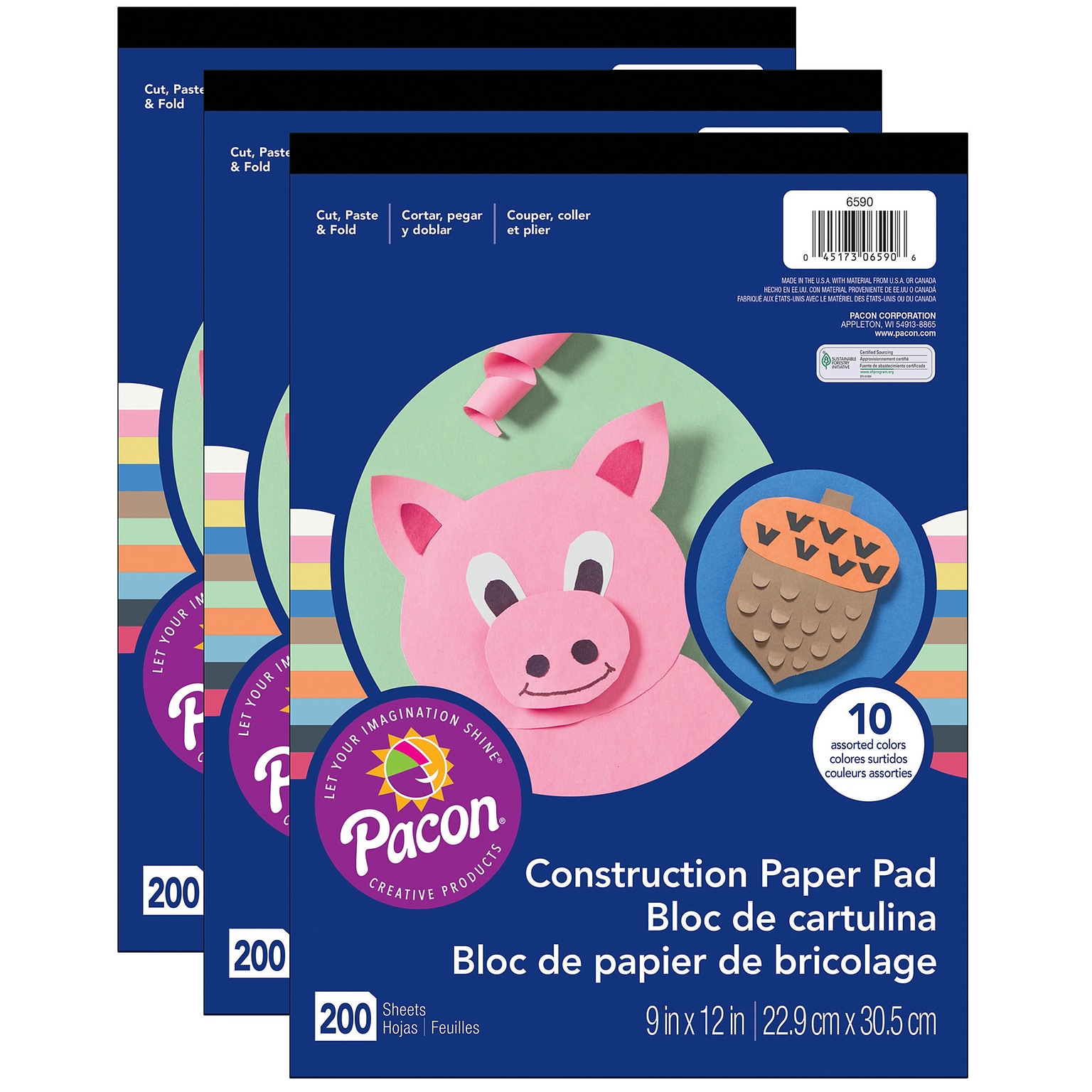 Pacon Art Street 9 x 12Lightweight Construction Paper Pad, Assorted Colors, 200 Sheets/Pack, 3 Packs (PAC6590-3)