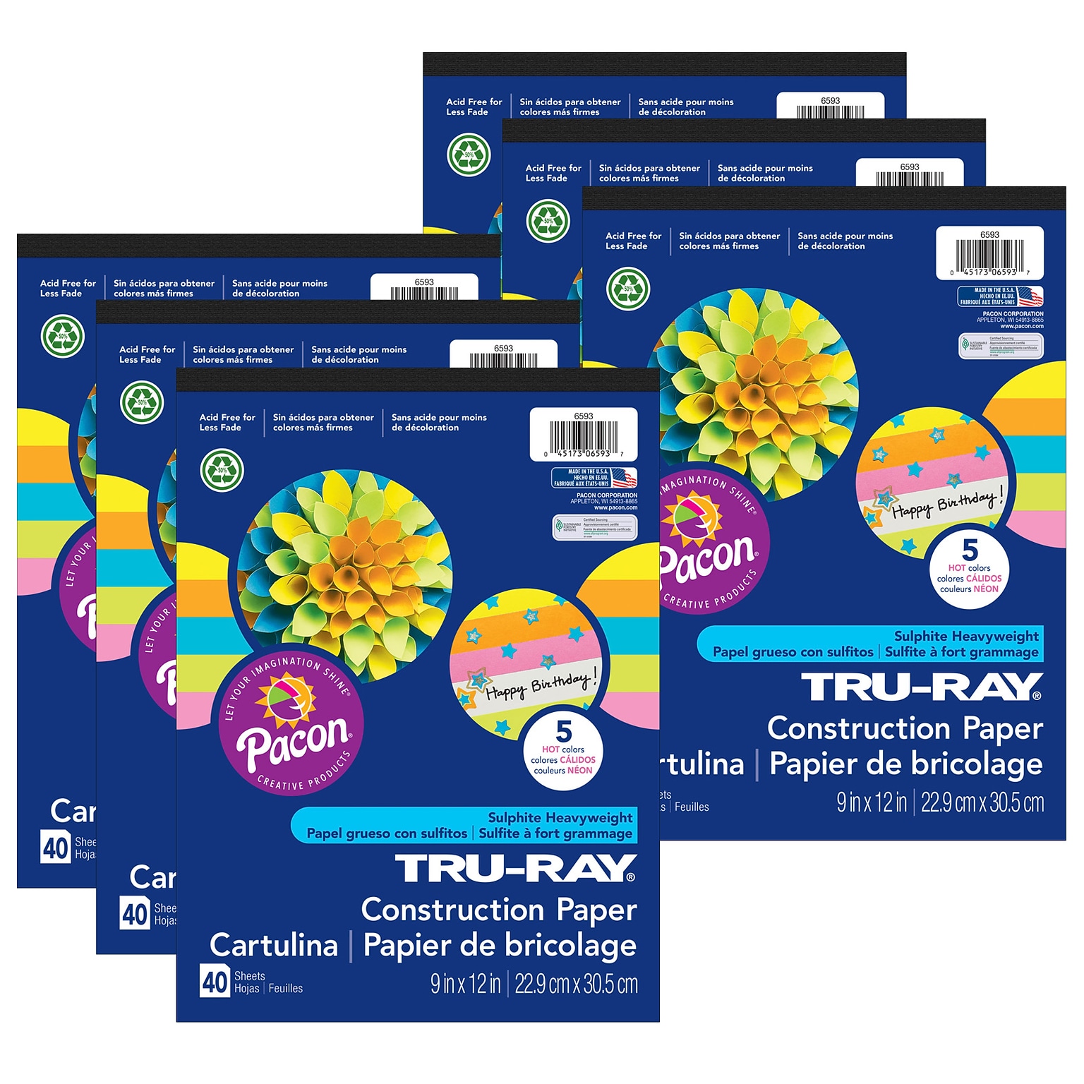 Pacon Tru-Ray 9 x 12 Construction Paper Pad, Assorted Hot Colors, 40 Sheets/Pack, 6 Packs (PAC6593-6)