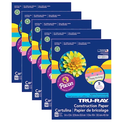 Tru-Ray® Construction Paper, 5 Assorted Hot Colors, 9 x 12, 50 Sheets Per Pack, 5 Packs (PAC6596-5