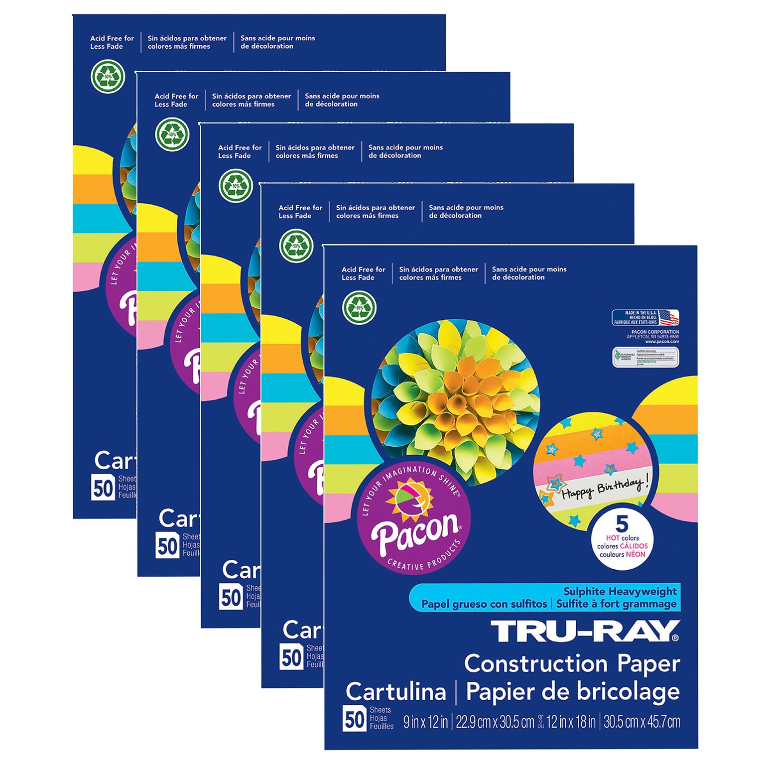 Tru-Ray® Construction Paper, 5 Assorted Hot Colors, 9 x 12, 50 Sheets Per Pack, 5 Packs (PAC6596-5)