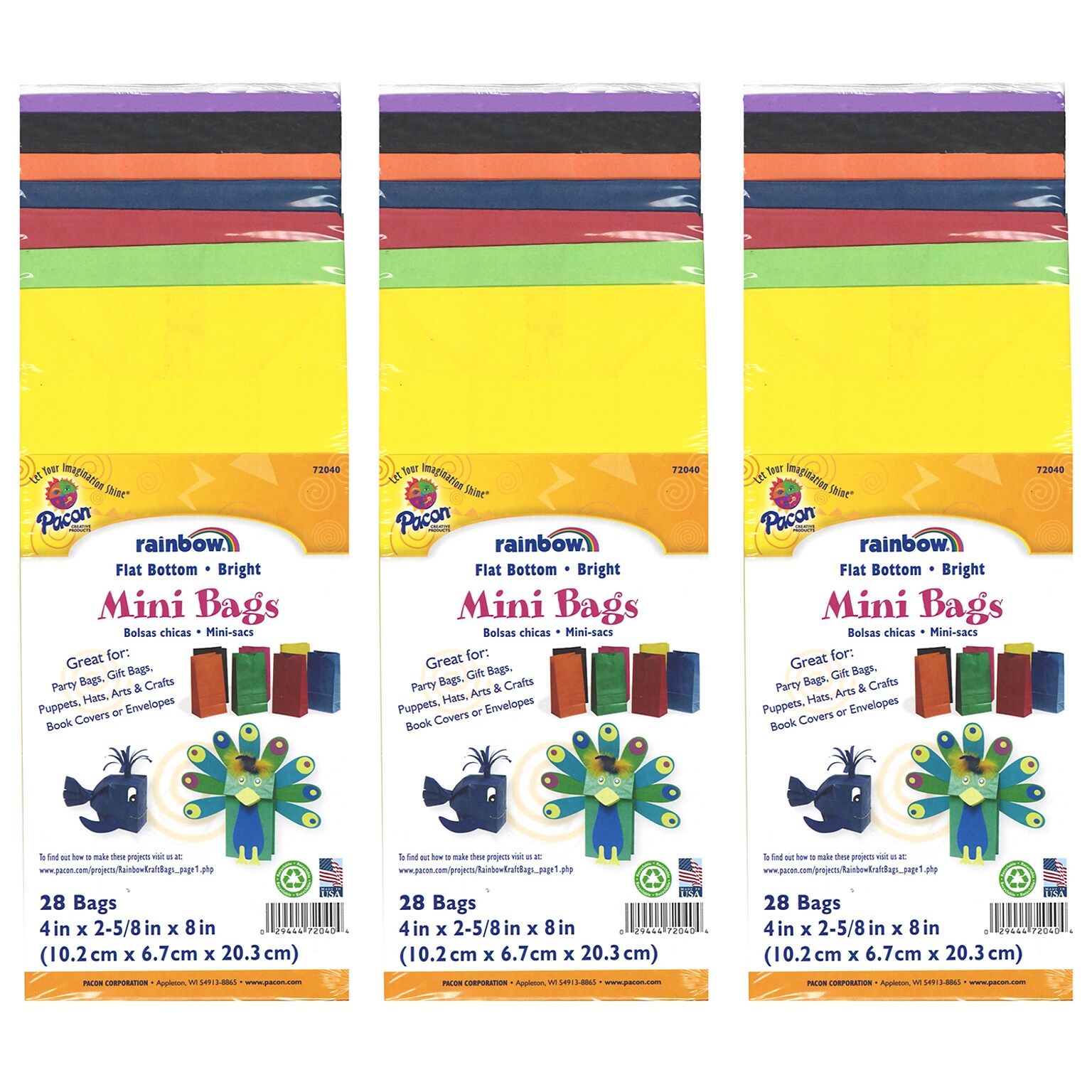Creativity Street Mini Kraft Bag, Assorted Bright Colors, 4-1/8 x 2-5/8 x 8, 28/Pack, 3 Packs (PAC72040-3)