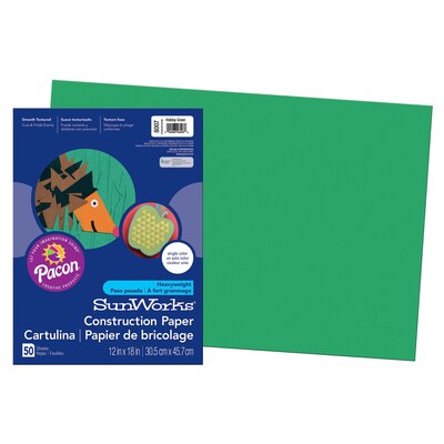 Pacon SunWorks 12" x 18" Construction Paper, Holiday Green, 50 Sheets/Pack, 5 Packs (PAC8007-5)