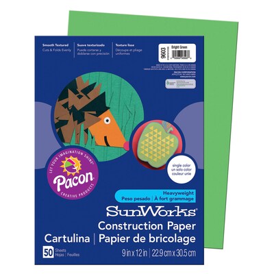 Pacon SunWorks 9" x 12" Construction Paper, Bright Green, 50 Sheets/Pack, 10 Packs (PAC9603-10)