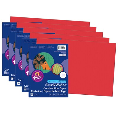 Pacon SunWorks 12 x 18 Construction Paper, Holiday Red, 50 Sheets/Pack, 5 Packs (PAC9907-5)