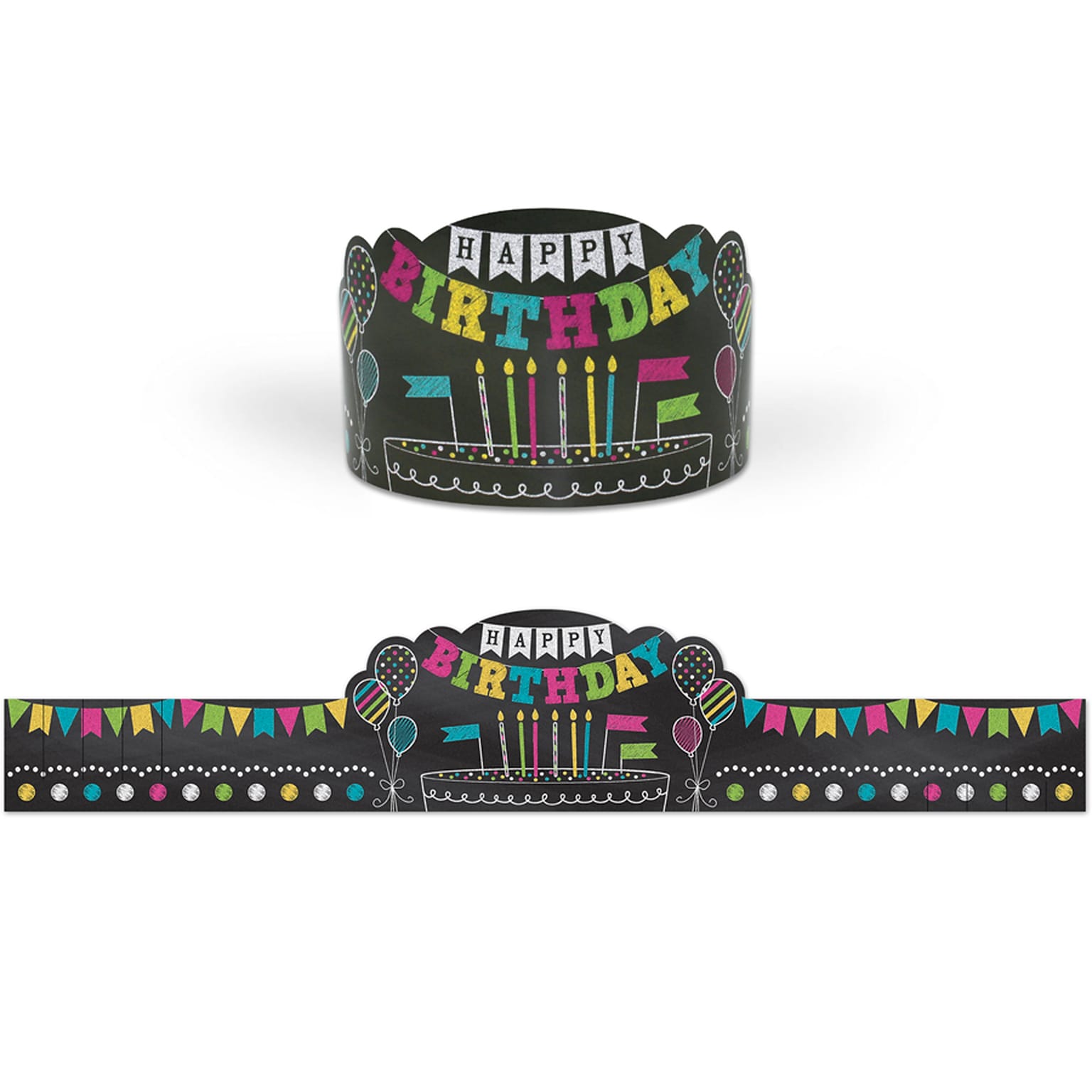 Teacher Created Resources Chalkboard Brights Happy Birthday Crowns, 24 x 4-1/2, Black/Multicolor, 30/Pack (TCR1211)