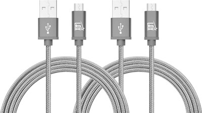 Durable Braided Micro USB Cables for Android Smartphones, Samsung, LG (10ft) - (Set of 2 - Gray)