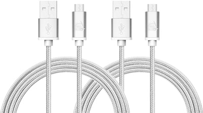 Durable Braided Micro USB Cables for Android Smartphones, Samsung, LG (10ft) - (Set of 2 - Silver)