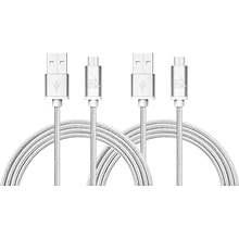 Durable Braided Micro USB Cables for Android Smartphones, Samsung, LG (10ft) - (Set of 2 - Silver)
