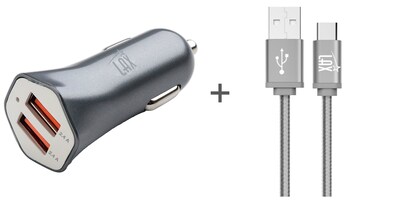 Durable Braided Micro USB Cable with Dual USB Car Charger for Android Smartphones (10ft) - Gray