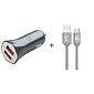 Durable Braided Micro USB Cable with Dual USB Car Charger for Android Smartphones (10ft) - Gray