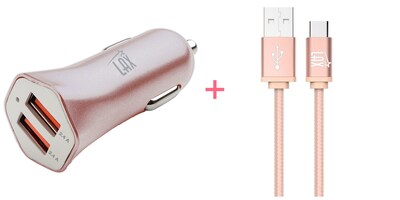 Durable Braided Micro USB Cable with Dual USB Car Charger for Android Smartphones (10ft) - Rose Gold