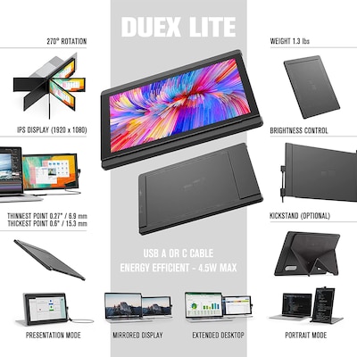 Mobile Pixels DUEX Lite 12.5" IPS LCD Slide-Out Display for Laptops, Deep Gray (101-1005P01)