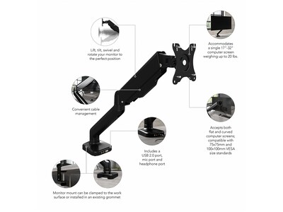 Bush Business Furniture Adjustable Monitor Arm, 17"-32", Satin Black (AC99890-03)