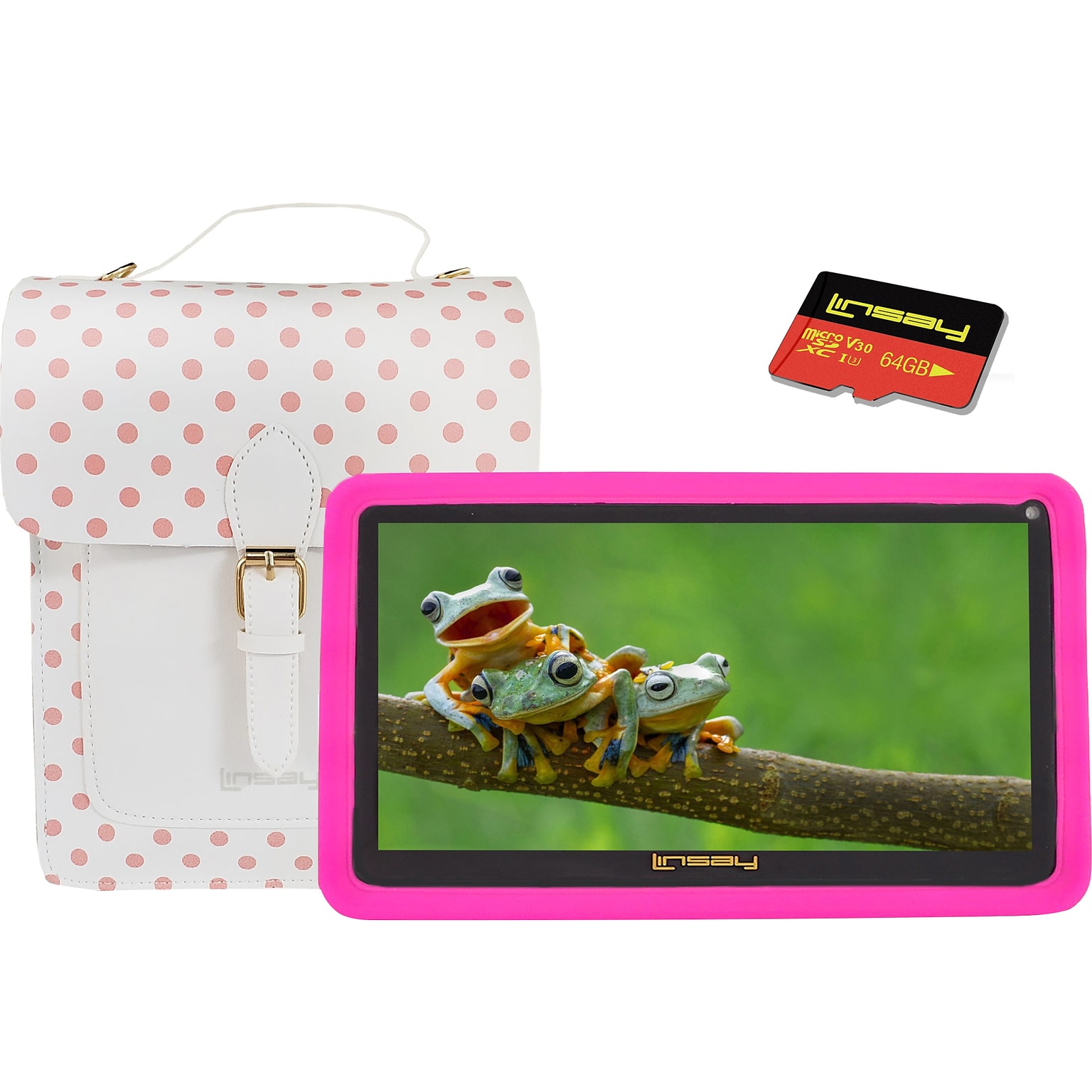 Linsay Kids 7 Tablet with Case, Kids Bag & microSD Card, Wi-Fi, 2 GB RAM, 64GB Android 13, Pink (F7UHDKIDSPIBSD)