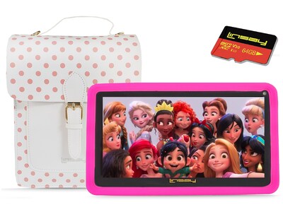 Linsay Kids 7 Tablet with Case, Kids Bag & microSD Card, Wi-Fi, 2 GB RAM, 64GB Android 13, Pink (