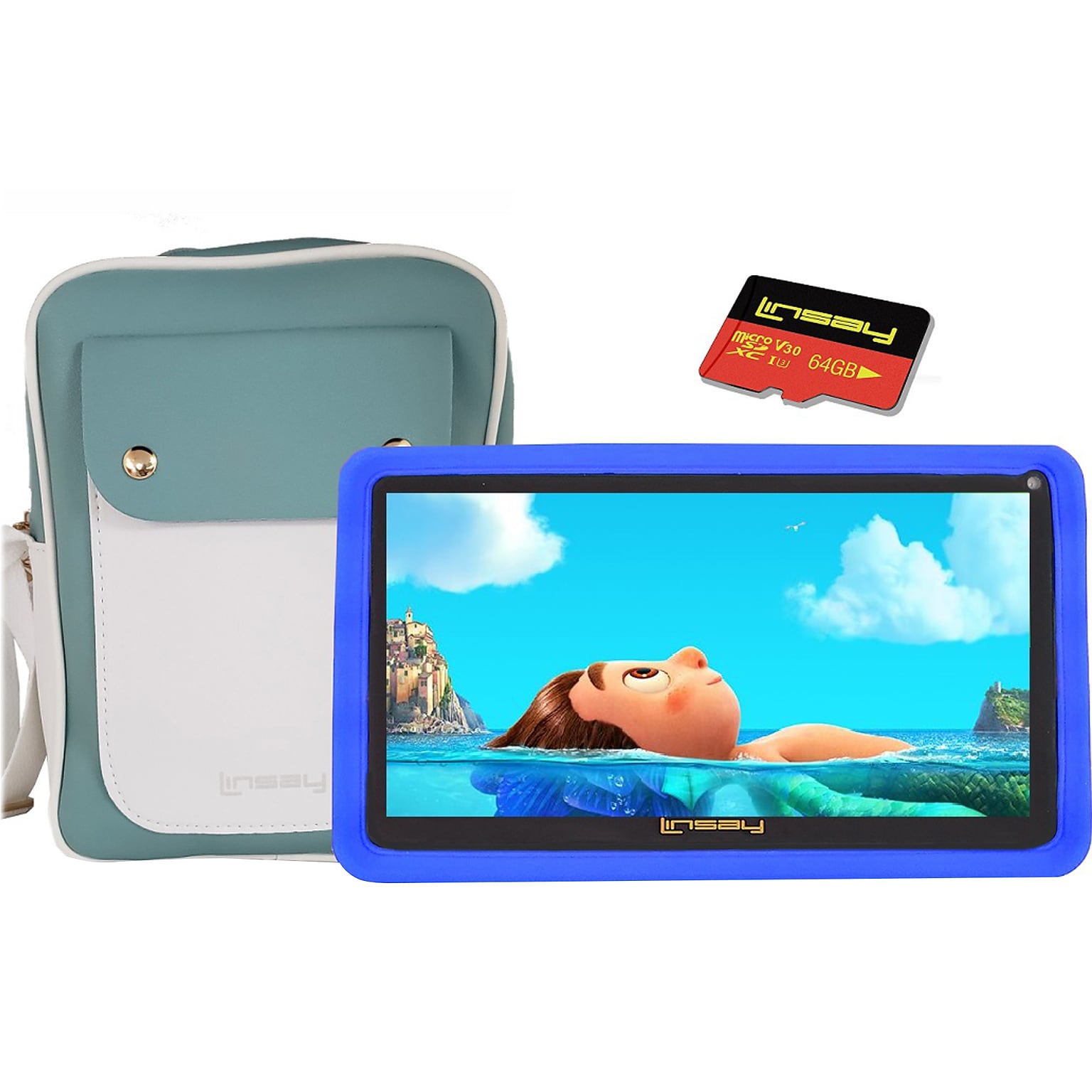 Linsay Kids 7 Tablet with Case, Kids Bag, and microSD Card, Wi-Fi, 2 GB RAM, 64GB, Android 13, Blue (F7UHDKIDSBBSD)
