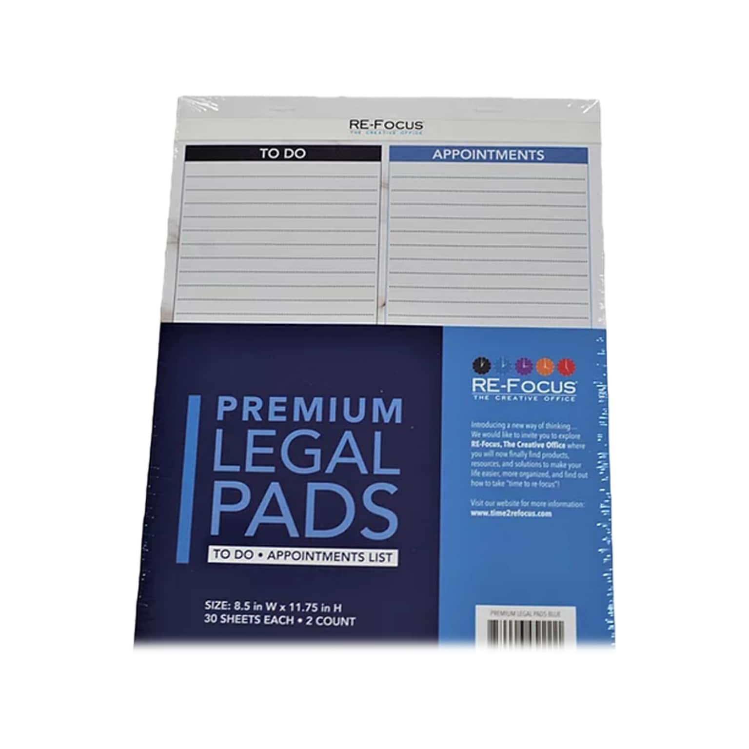RE-FOCUS THE CREATIVE OFFICE Premium Legal Pad, Ruled, 8.5 x 11.75, Blue, 30 Sheets/Pad, 2 Pads (40001)