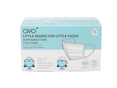 AVO+ 3-ply Disposable Face Mask, Kids', Blue, 50/Box, 2 Boxes/Case (TBN203188)