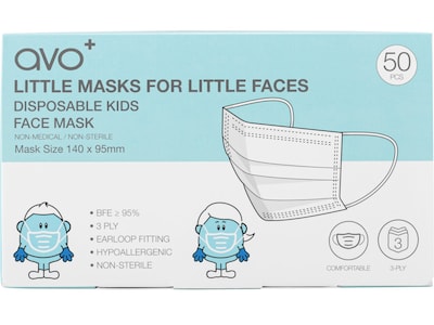 AVO+ 3-ply Disposable Face Mask, Kids, Blue, 50/Box, 20 Boxes/Case (TBN203190)