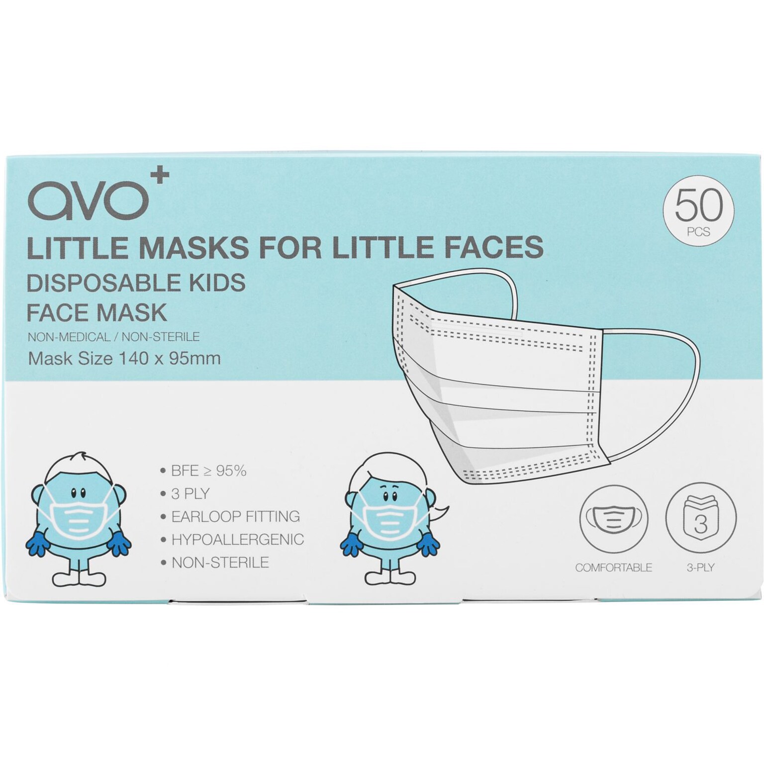 AVO+ 3-ply Disposable Face Mask, Kids, Blue, 50/Box, 40 Boxes/Case (TBN203191)