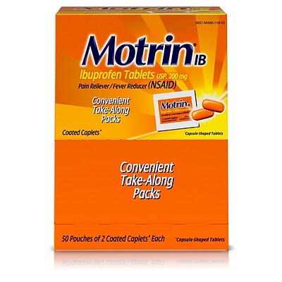 Motrin IB Ibuprofen Tablets, 200 mg, 50 Travel Packets of 2 Tablets Each, 100 Count (447419)