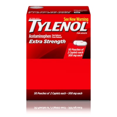 Tylenol Extra Strength Caplets, Fever Reducer and Pain Reliever, 500 mg, 50 Count, 2/Pack (487348)