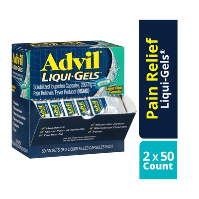 Advil Liqui-Gels Pain Reliever/Fever Reducer, Solubilized Ibuprofen 200mg, 2/Packet, 50 Packets/Box