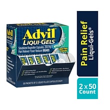 Advil Liqui-Gels Pain Reliever/Fever Reducer, Solubilized Ibuprofen 200mg, 2/Packet, 50 Packets/Box