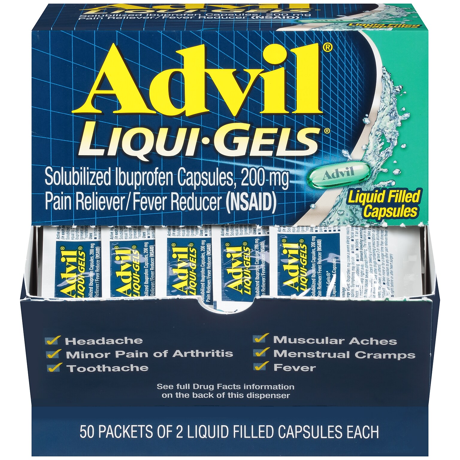 Advil Liqui-Gels Pain Reliever/Fever Reducer, Solubilized Ibuprofen 200mg, 2/Packet, 50 Packets/Box (016902)