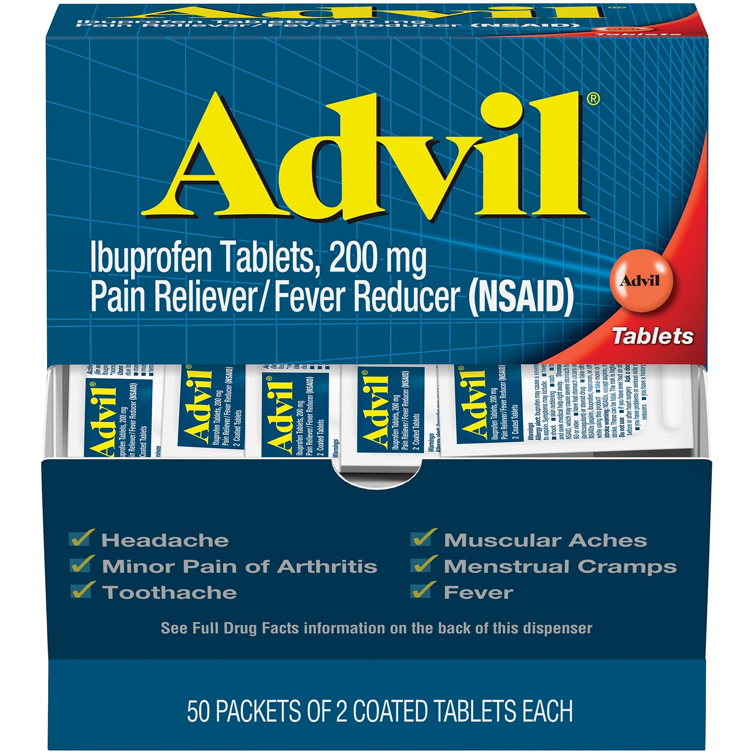 Advil Ibuprofen Pain Reliever, 200mg, 2/Packet, 50 Packets/Box (15489)