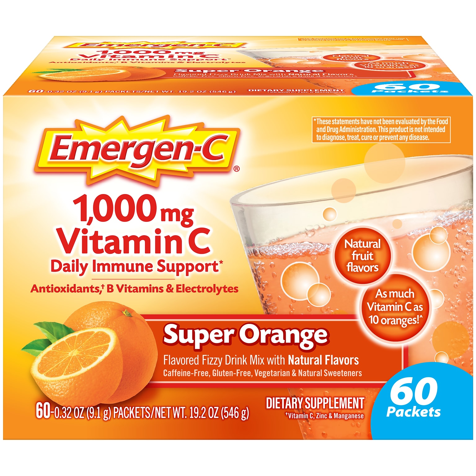 Emergen-C 1000mg Vitamin C Supplement Powder, Super Orange, 60/Pack (130213)