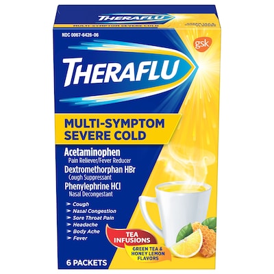 Theraflu Multi-Symptom Severe Cold Hot Liquid Powder Tea Infusions Green Tea and Honey Lemon Flavors