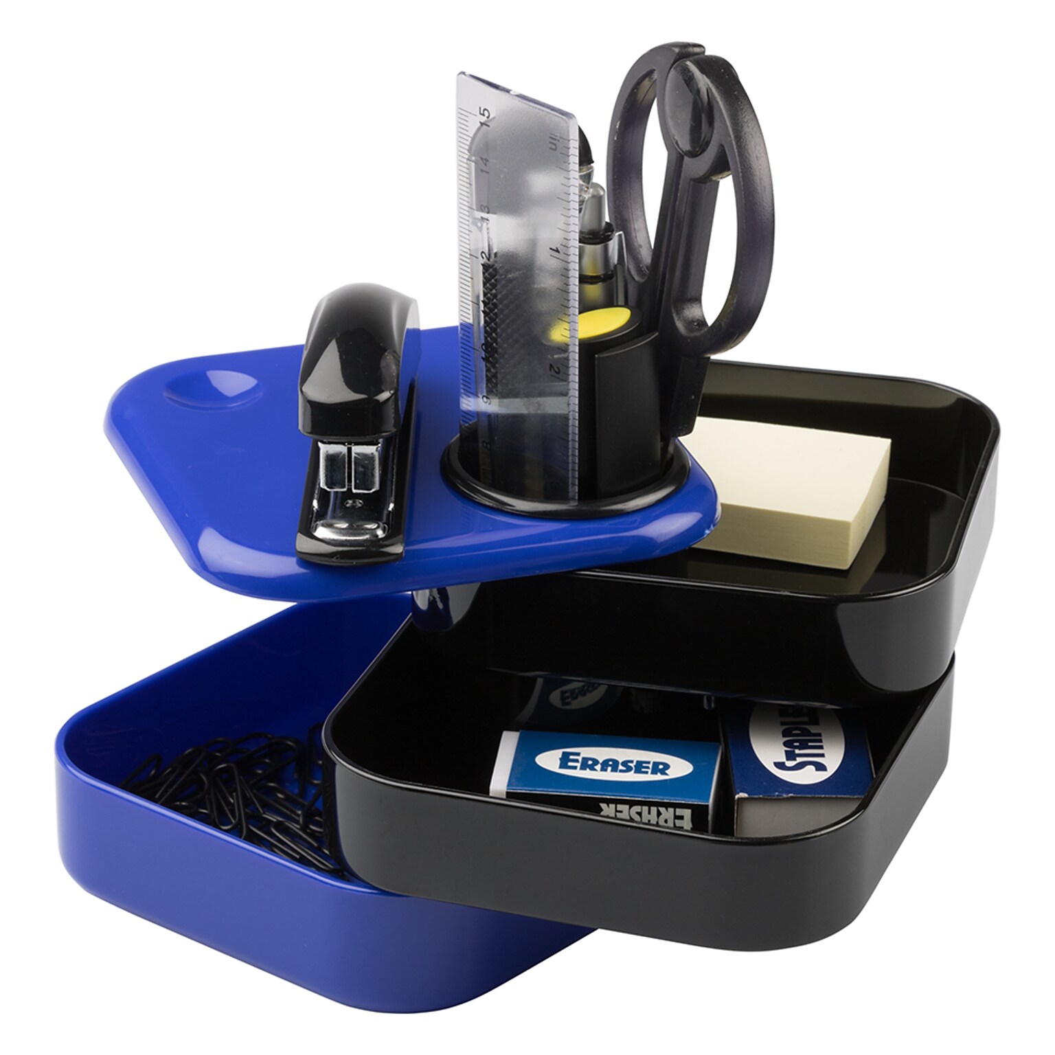 JAM PAPER Plastic Swivel Desk Organizer Supply Set, Blue/Black (SO102BU)