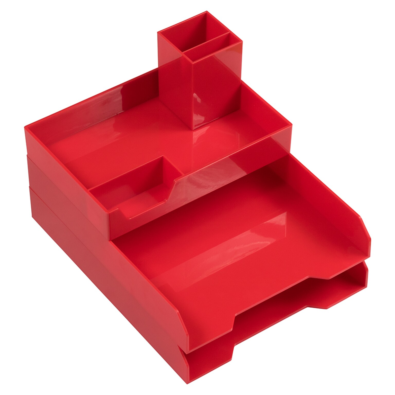 JAM PAPER Stackable 4 Piece Desktop Deluxe Set, Red Plastic (344PRE)