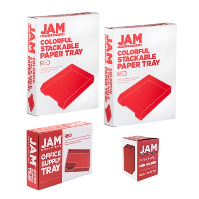 JAM PAPER Stackable 4 Piece Desktop Deluxe Set, Red Plastic (344PRE)