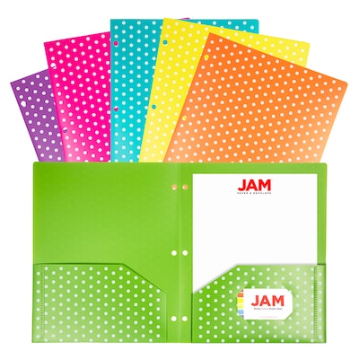 JAM Paper Color POP 3-Hole Punched 2-Pocket School Folder, Assorted Polka Dot Colors, 6/Pack (382EHA