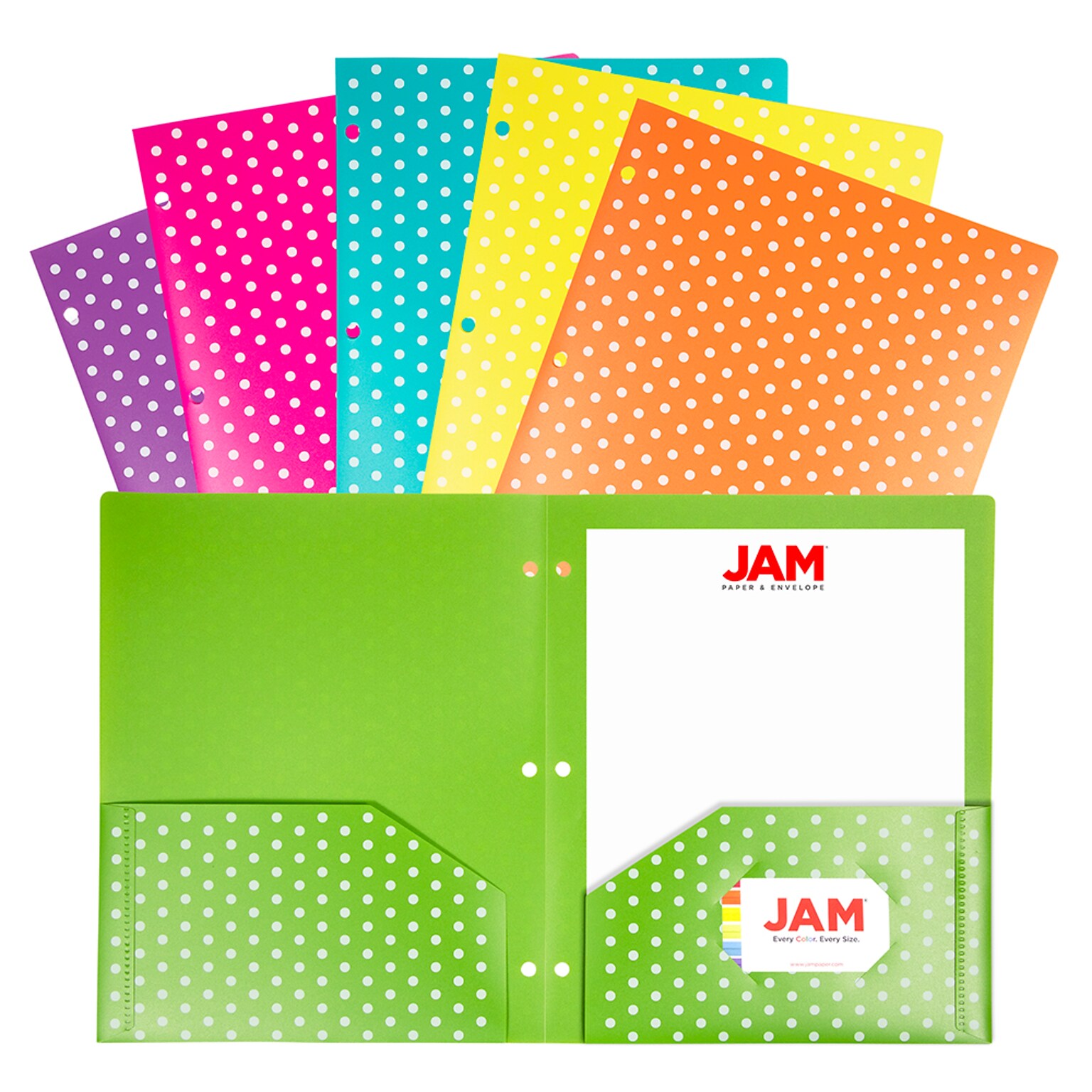 JAM PAPER Color POP 3-Hole Punched 2-Pocket School Folder, Assorted Polka Dot Colors, 6/Pack (382EHASTDOT)