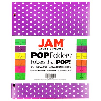 JAM PAPER Color POP 3-Hole Punched 2-Pocket School Folder, Assorted Polka Dot Colors, 6/Pack (382EHASTDOT)