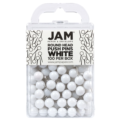 JAM PAPER Round Head Push Pins, White, 100/Pack (346RTWH)