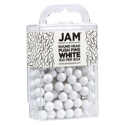JAM PAPER Round Head Push Pins, White, 100/Pack (346RTWH)