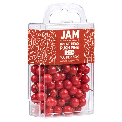 JAM PAPER Round Head Push Pins, Red, 100/Pack (346RTRE)