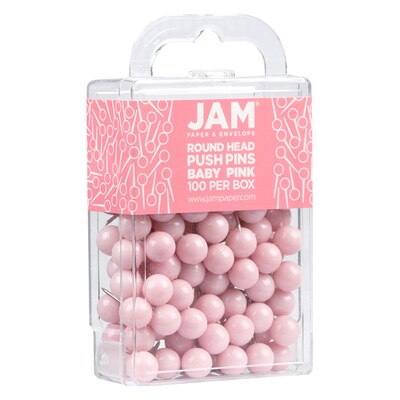 JAM PAPER Round Head Push Pins, Baby Pink Pastel, 100/Pack (346RTBAPI)