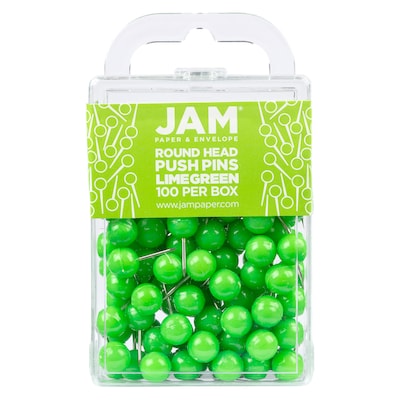 JAM PAPER Round Head Push Pins, Lime Green, 100/Pack (346RTLIGR)