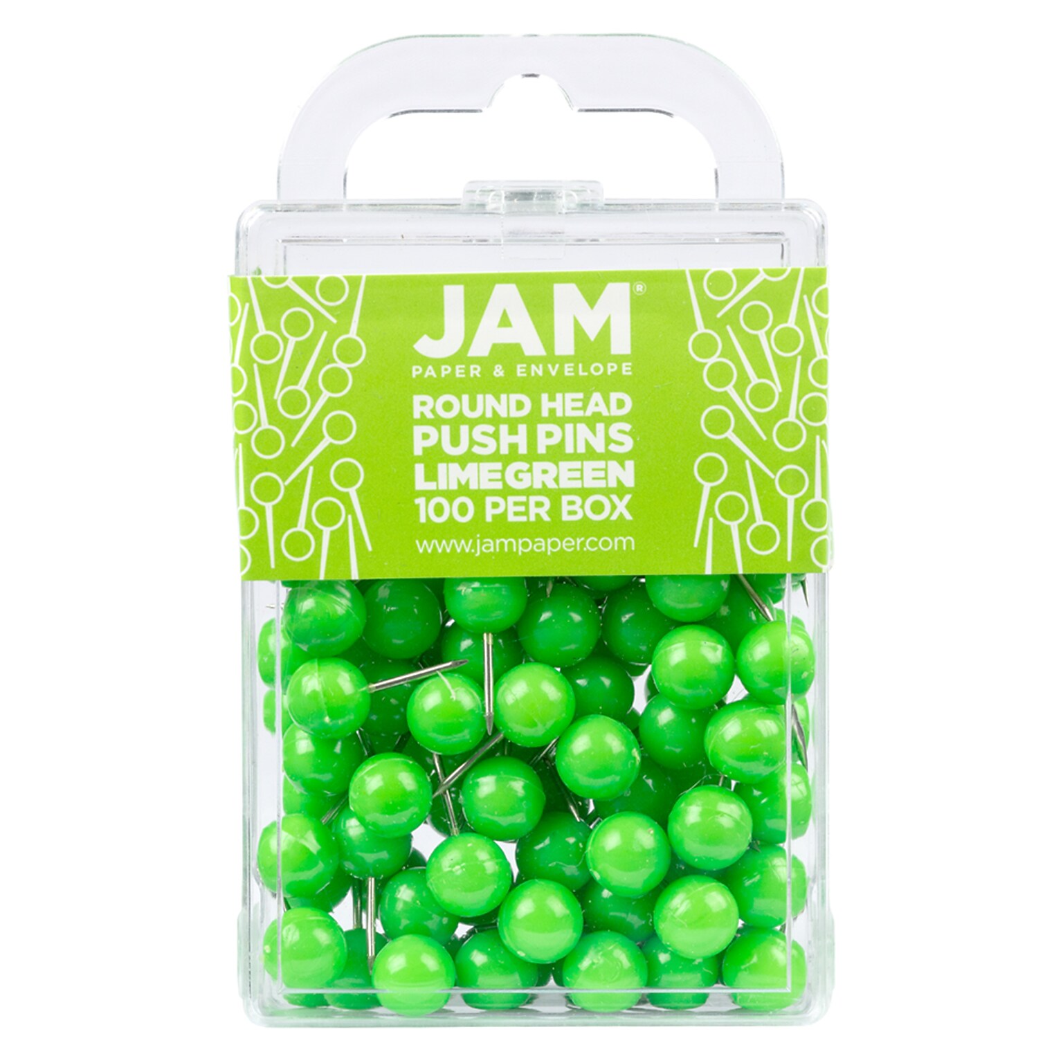 JAM PAPER Round Head Push Pins, Lime Green, 100/Pack (346RTLIGR)