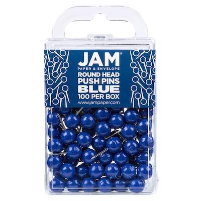 JAM PAPER Round Head Push Pins, Blue, 100/Pack (346RTBU)