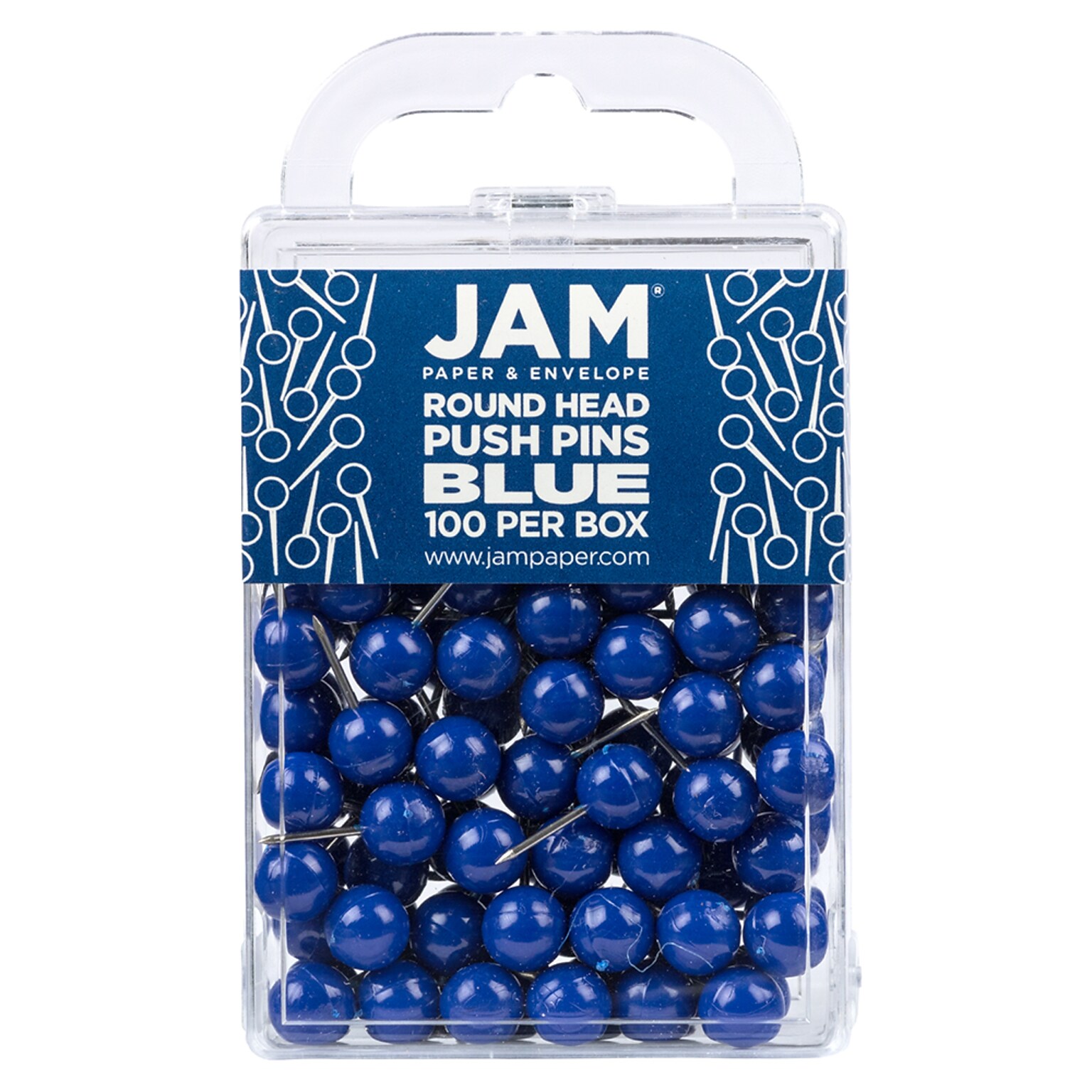 JAM PAPER Round Head Push Pins, Blue, 100/Pack (346RTBU)