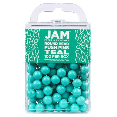 JAM PAPER Round Head Push Pins, Teal, 100/Pack (346RTTE)