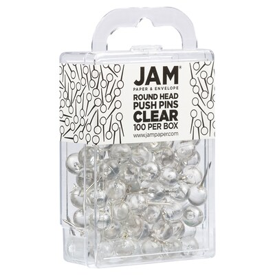 JAM PAPER Round Head Push Pins, Clear, 100/Pack (346RTCL)