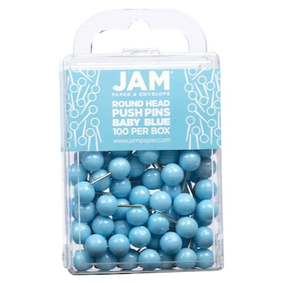 JAM PAPER Round Head Push Pins, Baby Blue, 100/Pack (346RTBABU)